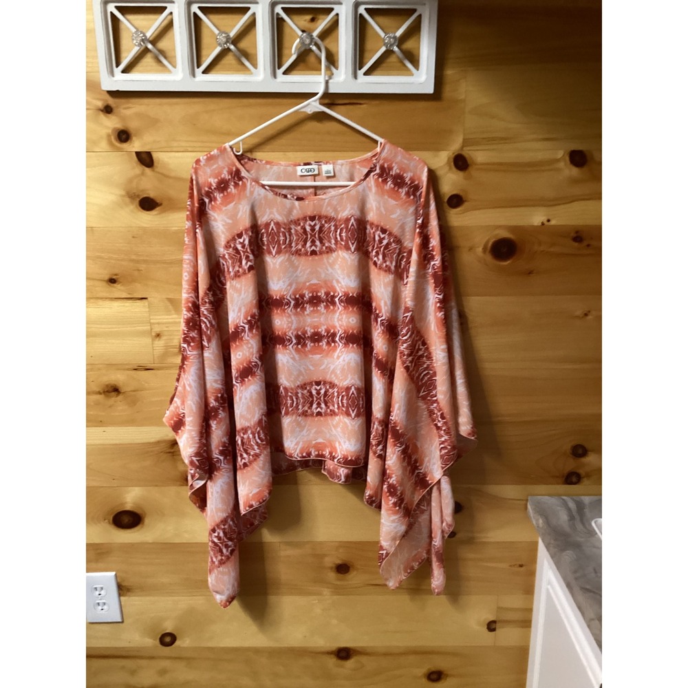 Cato Women Orange White Abstract Print Poncho Blouse Handkerchief Hem Large